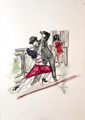 Zeichnung Tango mit Dame 01 Aquarellpapier, Tusche - Wolfgang Bretschneider - Array auf Array - Array - Array Zeichnung Tango mit Dame 01 Aquarellpapier, Tusche - Wolfgang Bretschneider - Array auf Array - Array - Array